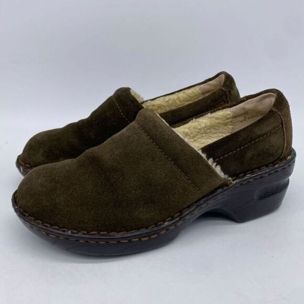B.O.C. Shoes Suede Clogs Womens 6 MW Brown Green Leather Fleece Lined BC8554